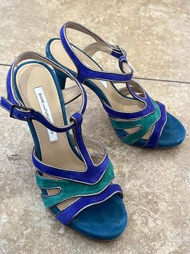 Diane Von Furstenberg DVF Women pumps 7M Green purple gold trim suede Shoes - Picture 4 of 6