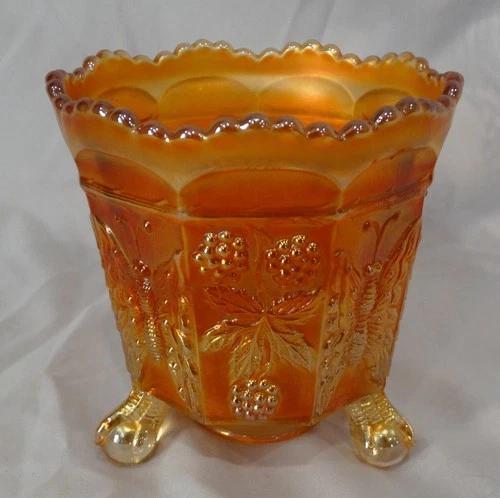 Vtg. 1930s Fenton Butterfly & Berry Marigold Carnival Glass Claw Footed Bowl