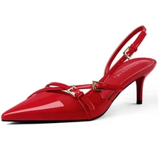 Kitten Heels Women Pointed Toe Slingback Pumps Buckle Low Heel Shoes