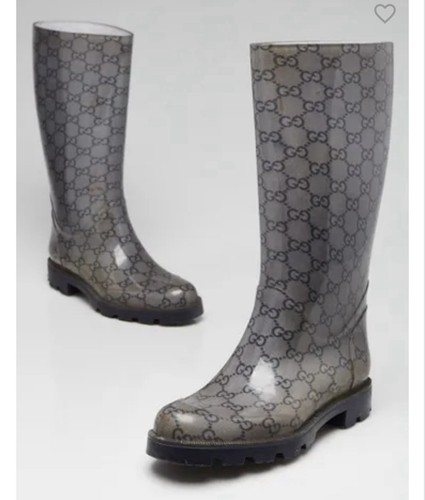 Gucci Brown GG Edinburgh Rubber Rain Boots 37 US 7 Navy blue sole