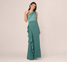 Adrianna Papell Slate Green One-Shoulder Satin Crepe Mermaid Gown Size 8P $199