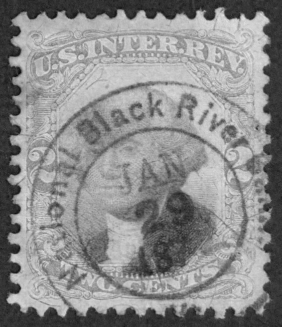 US BOB SC#R104 2c DOUBLE CIRCLE HAND STAMPED  NATIONAL BLACK RIVER BANK USED - Image 3 of 4