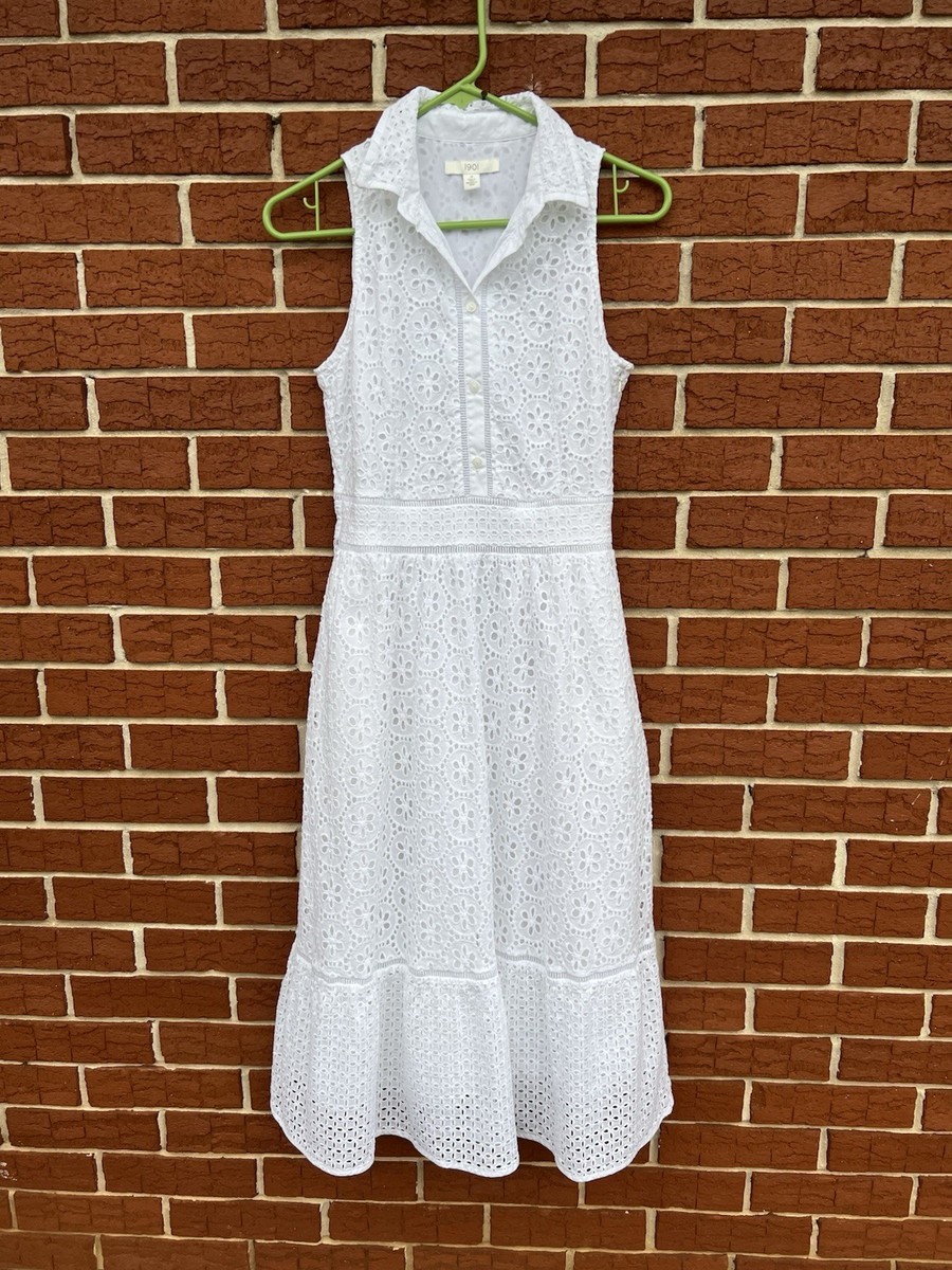 1901 Dress Womens Eyelet Dress White Sleeveless Cotton Zip Knee Length Lined Sz4