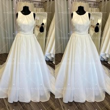 Simple Satin Wedding Dresses Scoop Neck Strapless Sweep Train A Line Bridal Gown