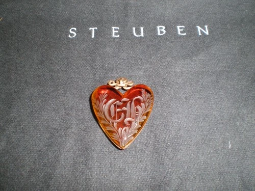 STEUBEN GLASS Dark Amber "CH" Heart Pendant or Charm - Good Condition