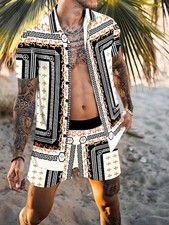 Men's Full Size Printed Collared Neck Short Sleeve Top and Shorts Set Plus Size