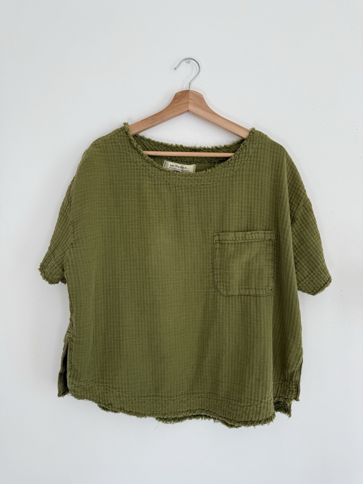 ✿ We The Free by Free People Olive Green Cotton Gauze Raw Hem Top Size M