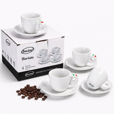 Bacimi Espresso Coffee Cups Set of 4 with Saucers 3oz Porcelain Barista Style