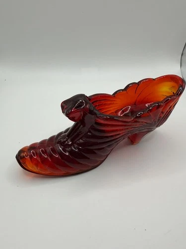 HTF Fenton red iridescent carnival glass shoe hand painted flowers artist signed