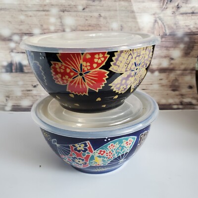 Set of New Colorful Oriental Style Meal Bowls Cups W/ Ventable Lid