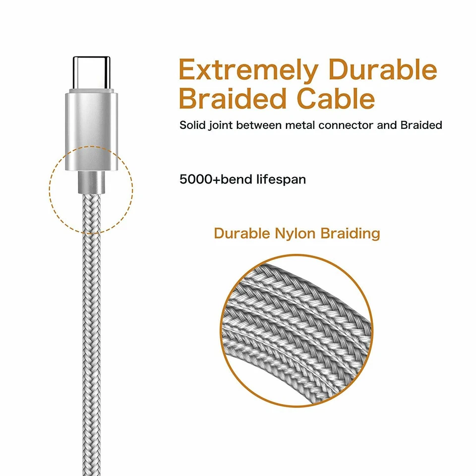 3x10Ft Heavy DutyType USB C Cable Braided for Samsung Galaxy S8 S10 Note A20 A50 - Image 3 of 4