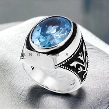 Blue Topaz Gemstone With 925 Sterling Silver Ring For Men's #AL461