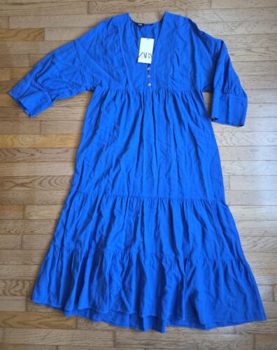 Zara Linen Blend Midi Dress Size L Tiered Cobalt Blue 3/4 Sleeve V-Neck