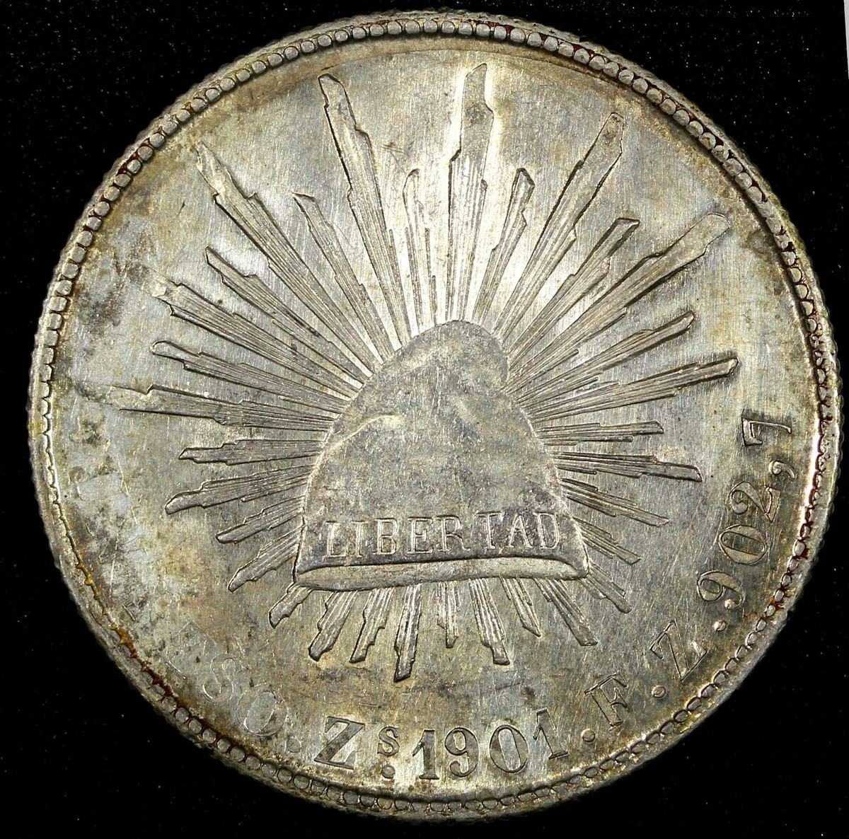 Mexico Silver 1901 ZS FZ Peso Zacatecas High Grade Luster Toned KM