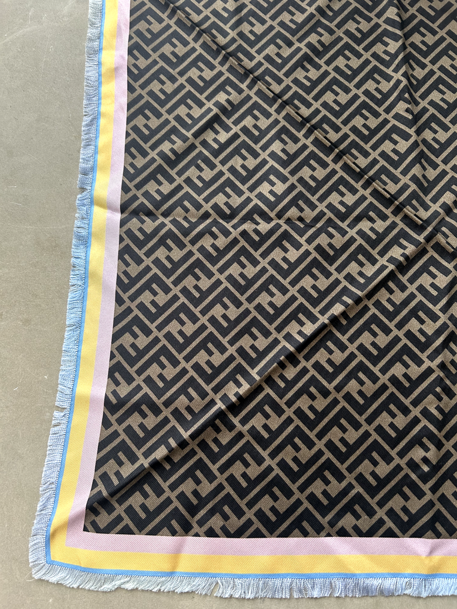 FENDI Silk Scarf 70cm Brown Logo Mark Yellow, Blue, Pink Shawl