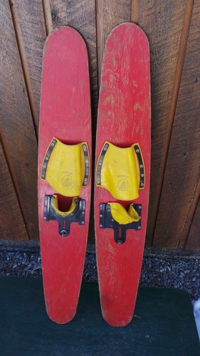 ANTIQUE Set of Wooden 42" Long Waterskis Water Skis Original RED Finish ANTIQUE Set of Wooden 42" Long Waterskis Water Skis Original RED Finish