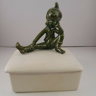 Vintage Ceramic Elf Pixie Sprite Figurine on Trinket Box Christmas Halloween 