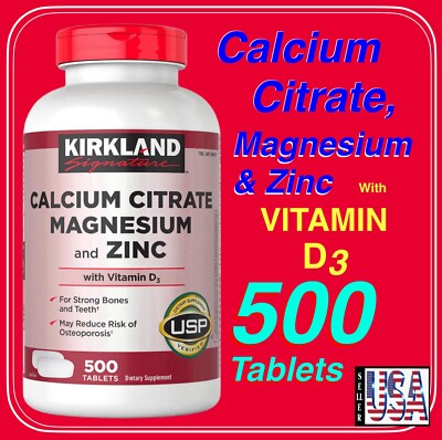 Calcium Citrate, Magnesium and Zinc, vitamin D3, 500 Tablets, Kirkland Signature