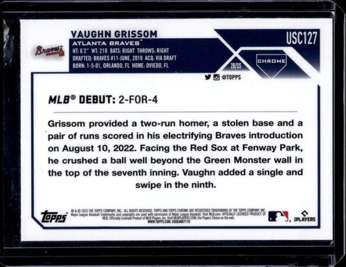 2023 Topps Chrome Update Vaughn Grissom RC Debut #USC127 - Picture 2 of 2
