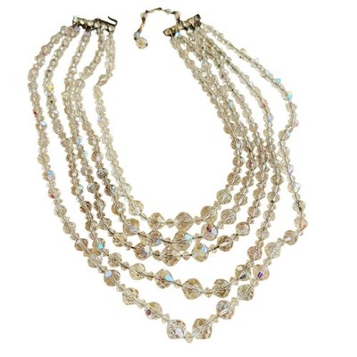 Vtg Austrian Multi 5 rows Necklace Aurora Borealis Crystal Faceted Beads 60s 17''