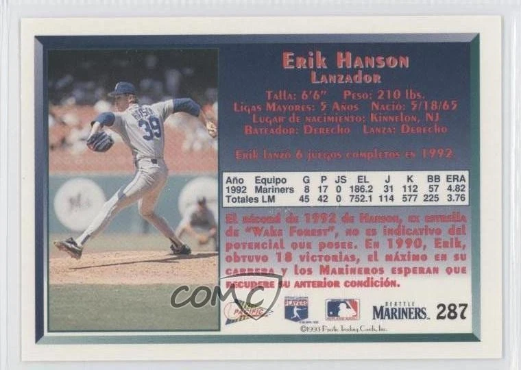 1993 Pacific Erik Hanson #287 - Image 2 of 2
