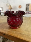 VTG Fenton Amberina Hobnail Rose Bowl Crimped Ruffle Edge Vase, 3”