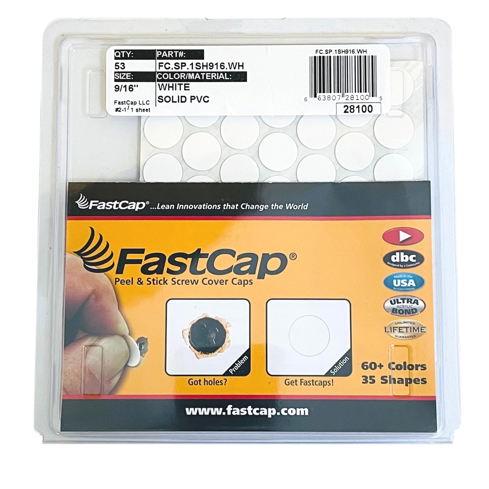 Fastcap Peel & Stick White Screw Cover Caps PVC 14mm (9/16"") x 53