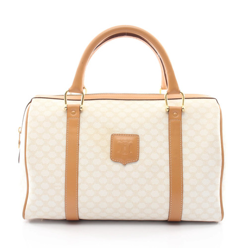 Celine Macadam Mini Boston Bag Canvas Leather White Beige Used Authentic