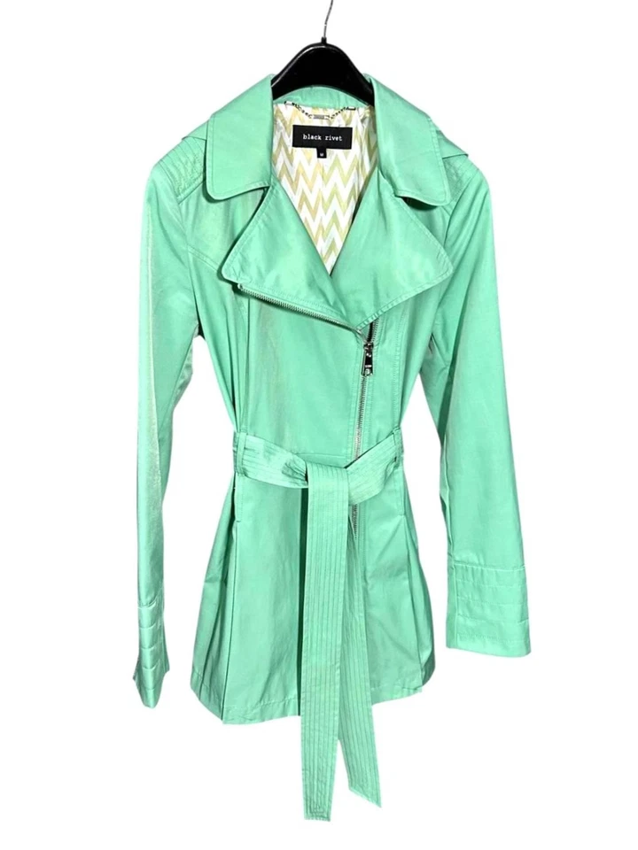 Gabardina con cinturón de doble botonadura verde menta remache negro para mujer (M) - forrada Foto 2 de 4