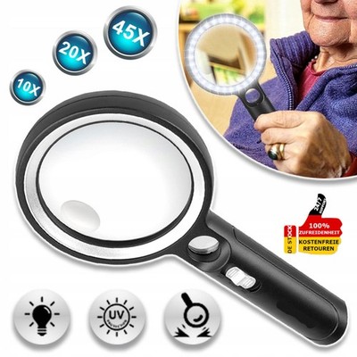 Lupe mit Licht 10X-45X Beleuchtete Lupe 31 LED Handlupe Leselupe Juwelier Lupe