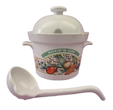 Soup’s On Soup Tureen Himark Serving Bowl Ladle Spoon Lid Vegetables Ceramic