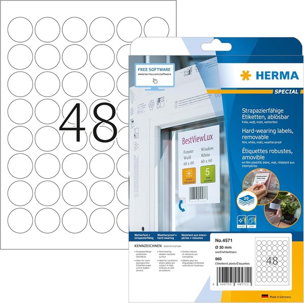 Herma 4571 Wetterfeste Folienetiketten AblöSbar Rund, 20 Blatt, Ø 30 Mm, 48 Pro-image