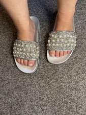 Sliders Love Lemonade Silver Sparkly Pearl Flat Slip On Sandals EU Size 41