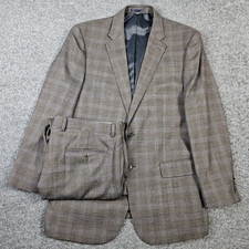 Jos A Bank Slim Suit Men 44L Brown Blue Glen Plaid Pant 38x30 Stretch Flex