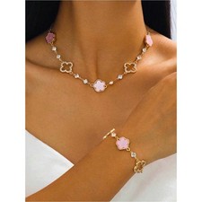 New Gold and Pink Clover Necklace and Bracelet Set
