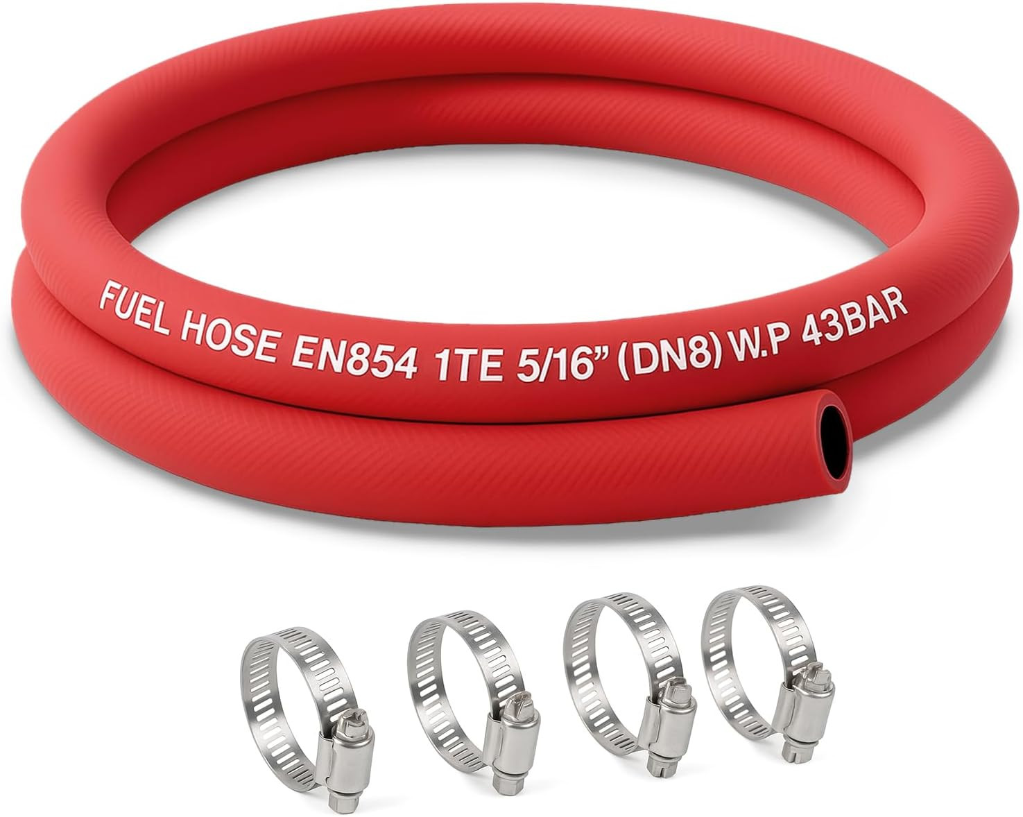 High Pressure Fuel Line Hose 5AN 5/16" 8mm 5FT 400PSI NBR Red EN854 with Clamp