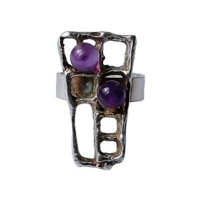 Modernist Ring  835 Silber, Amethystkugeln, signiert OXO, Gr. 55 verstellbar 