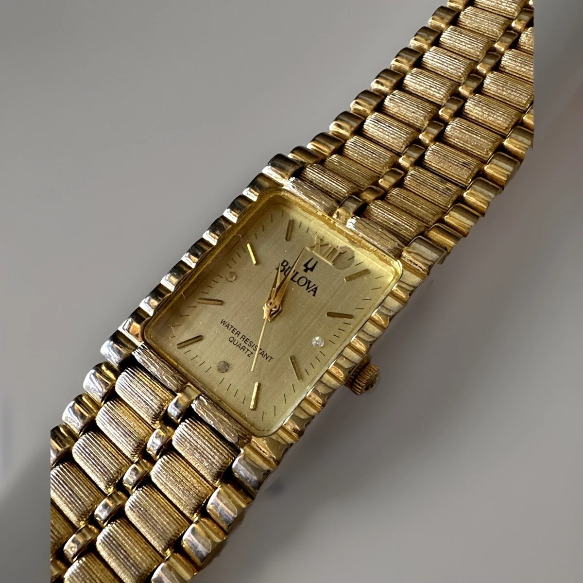 Bulova Women’s Quartz Watch Gold-Plated w/Diamond Bezel.  Fresh Battery. Vintage Bulova Diamond Accent Watch: Gold Tone Tank, West  main image 4