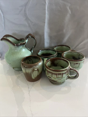 Vtg Frankoma Pottery 6 piece Prairie Green 4 Cups Pitcher And open sugar cup