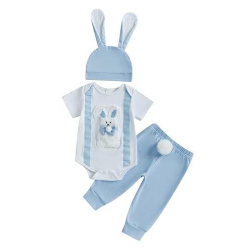 Newborn Baby Boy Easter Outfit Bunny Carrot Print Short Sleeve Romper Casual