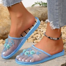 Womens Mesh Floral Sequined Chinese Slippers Summer Closed Toe Mules Shoes