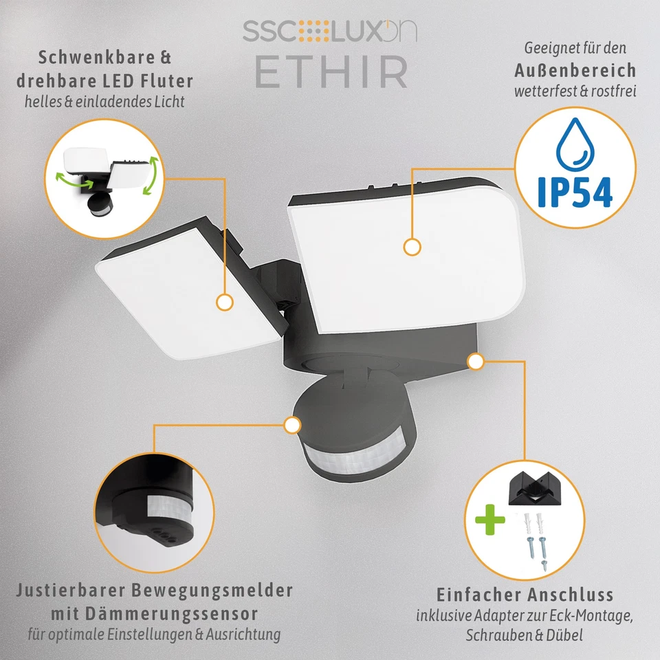 ETHIR Außenwandleuchte mit Bewegungsmelder IP54 neutralweiß LED 230V Außenlampe - Bild 3 von 4