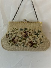 Vintage 1950 Floral Needlepoint Purse With Silk Lining And Gold Bullion Trim