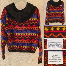 Vintage 80s Croquet Club Colorful Geometric Sweater Large Made In USA Acrylic
