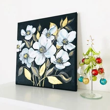 Original Flower Painting Wall Art 12x12" Floral Gold leaf Book Shelf Decor