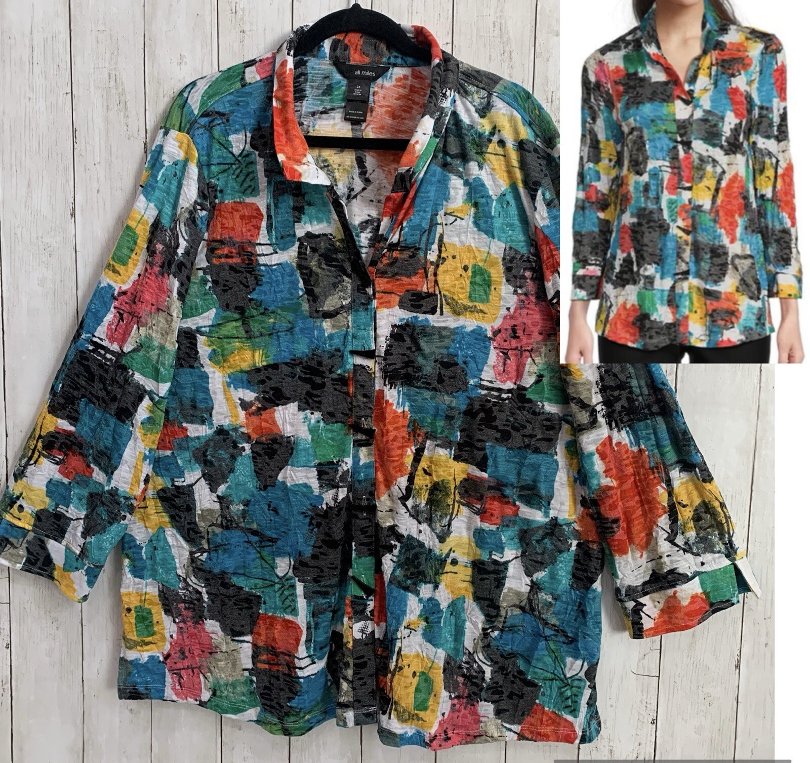 NWT Ali Miles 2X Knit Abstract Print Wire Collar 3/4 Sleeve Button-Front Tunic