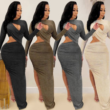 Sexy Women's Solid Long Sleeves Bodycon Pleated Hollow Out Slit Club Dress S-XXL