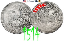 Poland Lithuania 1/2 GROSCHEN 1/2 grosz 1514 Sigismund I Silver Coin #33394