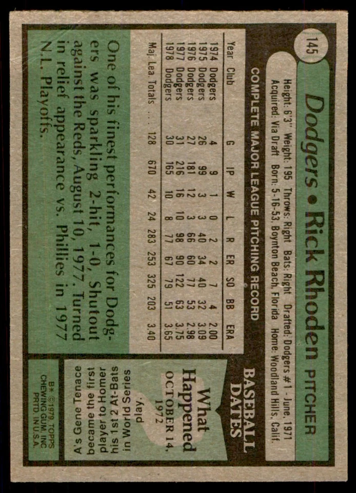 1979 Topps Baseball Card Rick Rhoden Los Angeles Dodgers #145 - Image 2 of 2