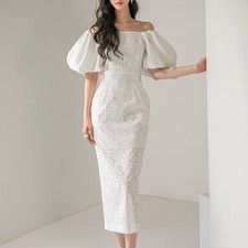 Women Off Shoulder Lace Embroidery Short Puff Sleeve Long Over Knee Pencil Dress